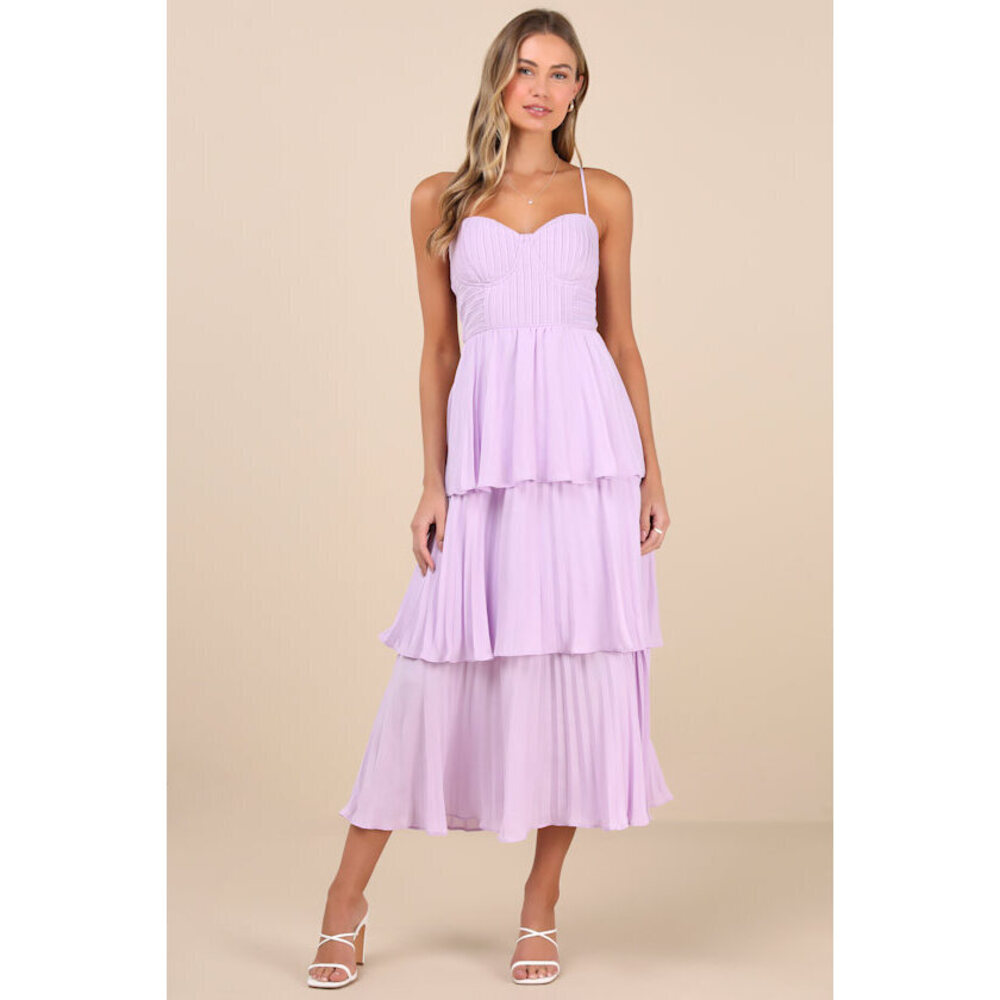 Lulus Cascading Crush Lavender Tiered Bustier Midi Dress Purple - Size M